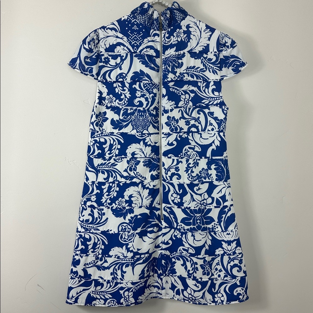 Alice & Olivia Blue & White Floral Karisse Mock Neck Mini Dress 4 - Picture 6 of 12